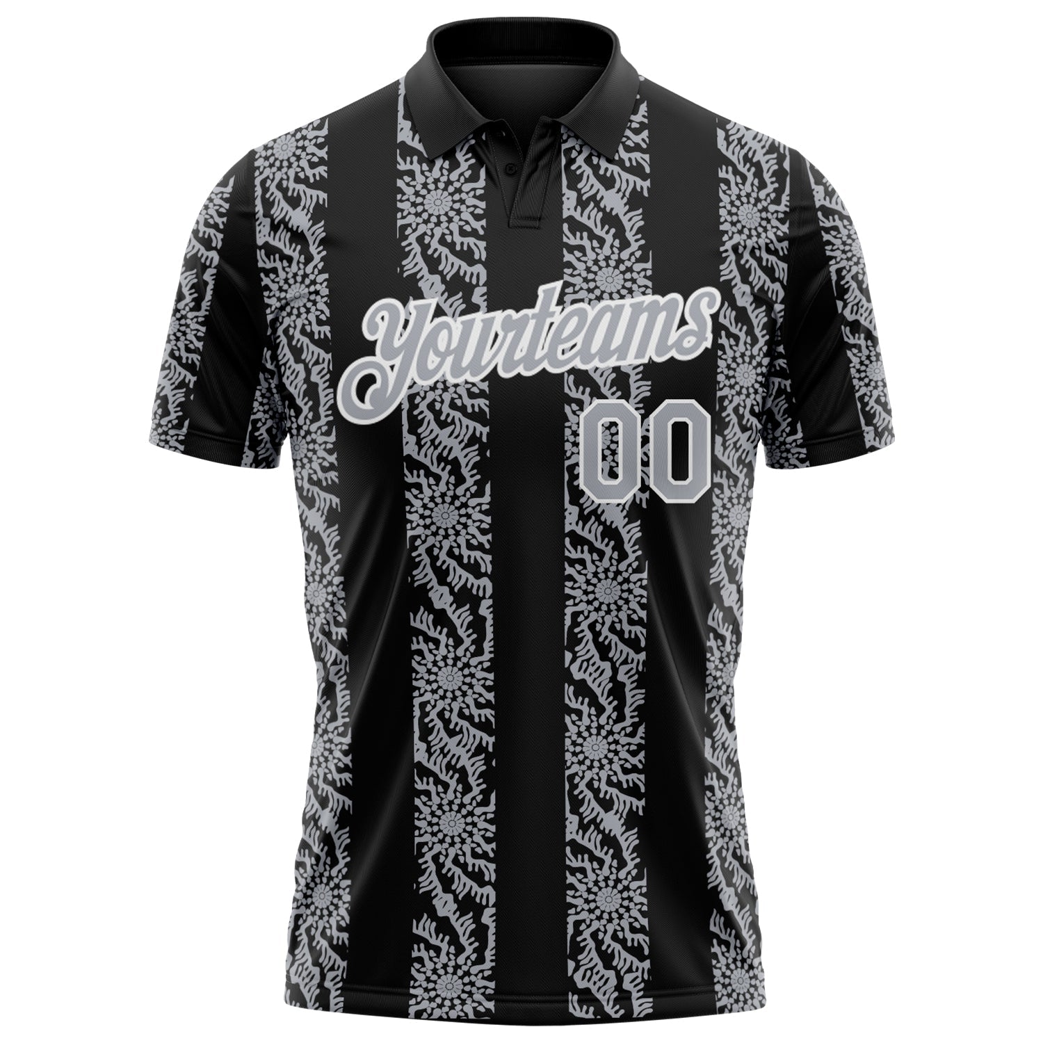 Custom Black Gray-White Abstract Floral Stripe Tribal Performance Polo Shirt view 2