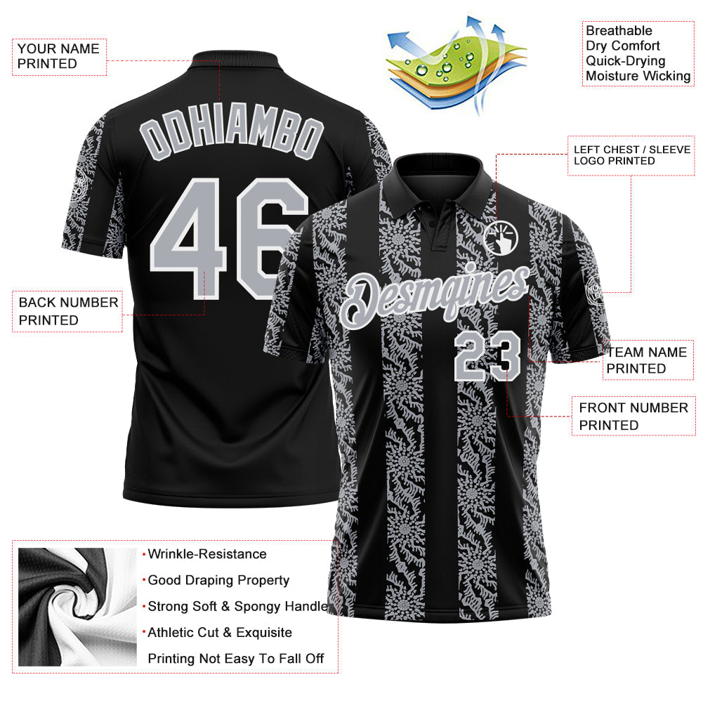 Custom Black Gray-White Abstract Floral Stripe Tribal Performance Polo Shirt view 3