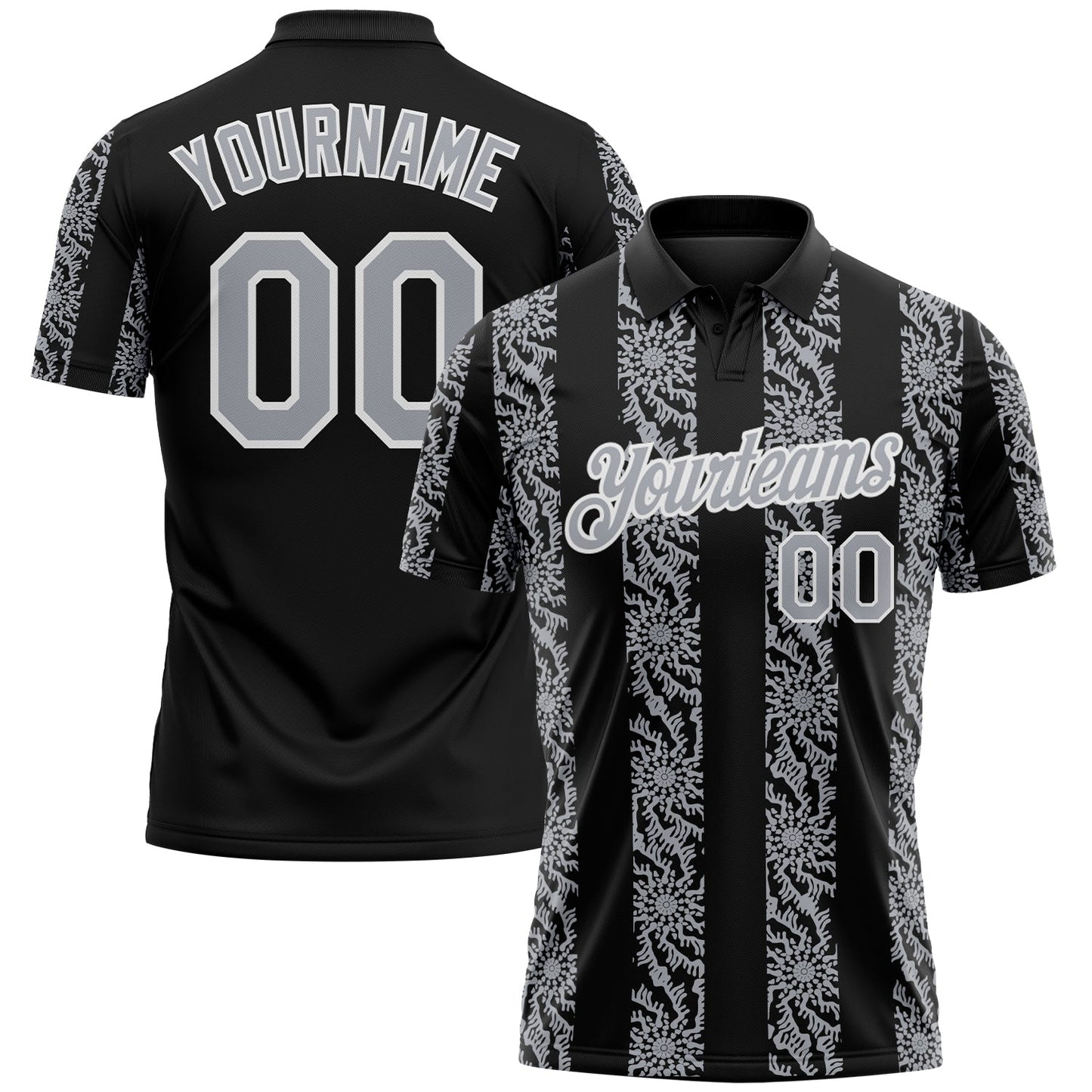 Custom Black Gray-White Abstract Floral Stripe Tribal Performance Polo Shirt - Main View