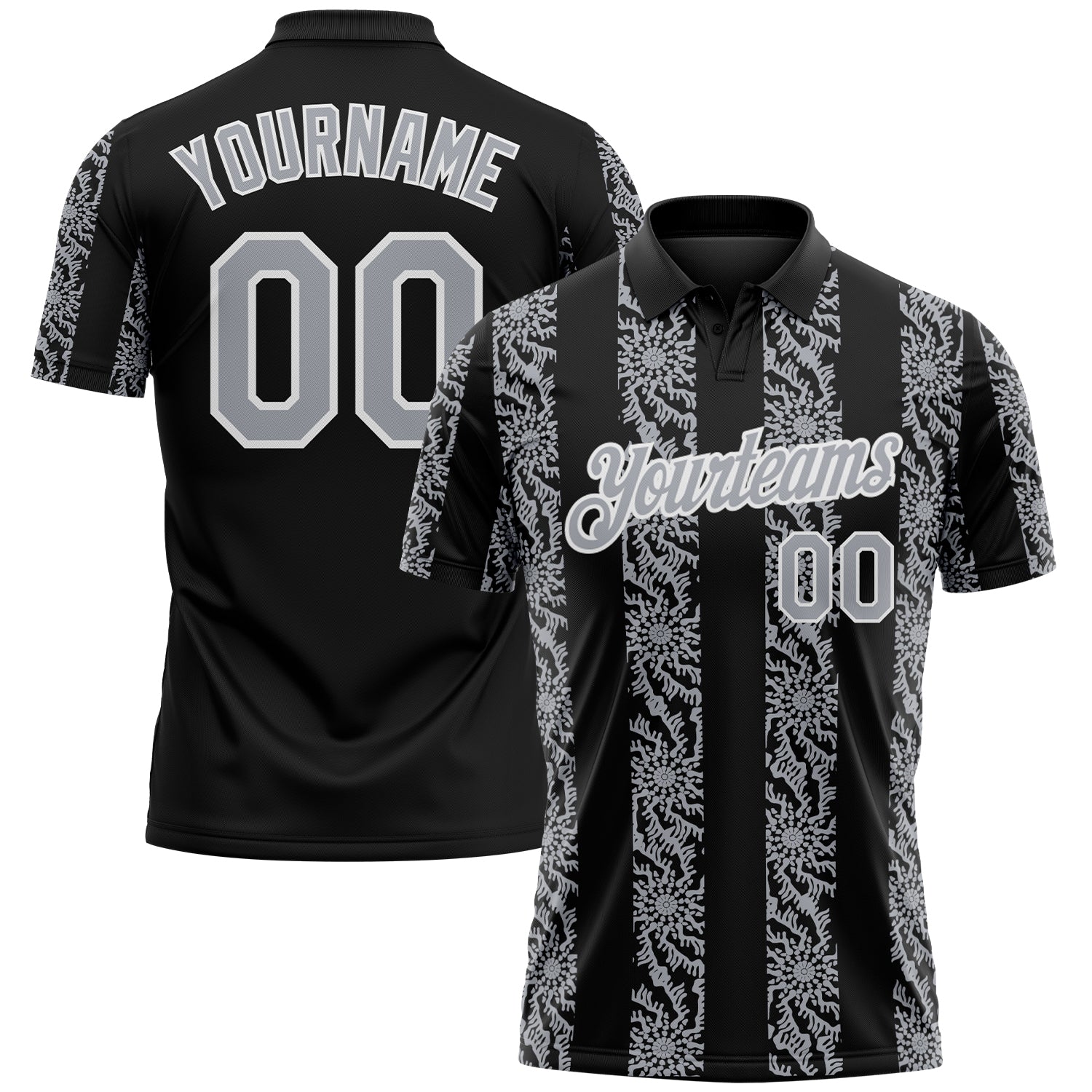 Custom Black Gray-White Abstract Floral Stripe Tribal Performance Polo Shirt - Main View