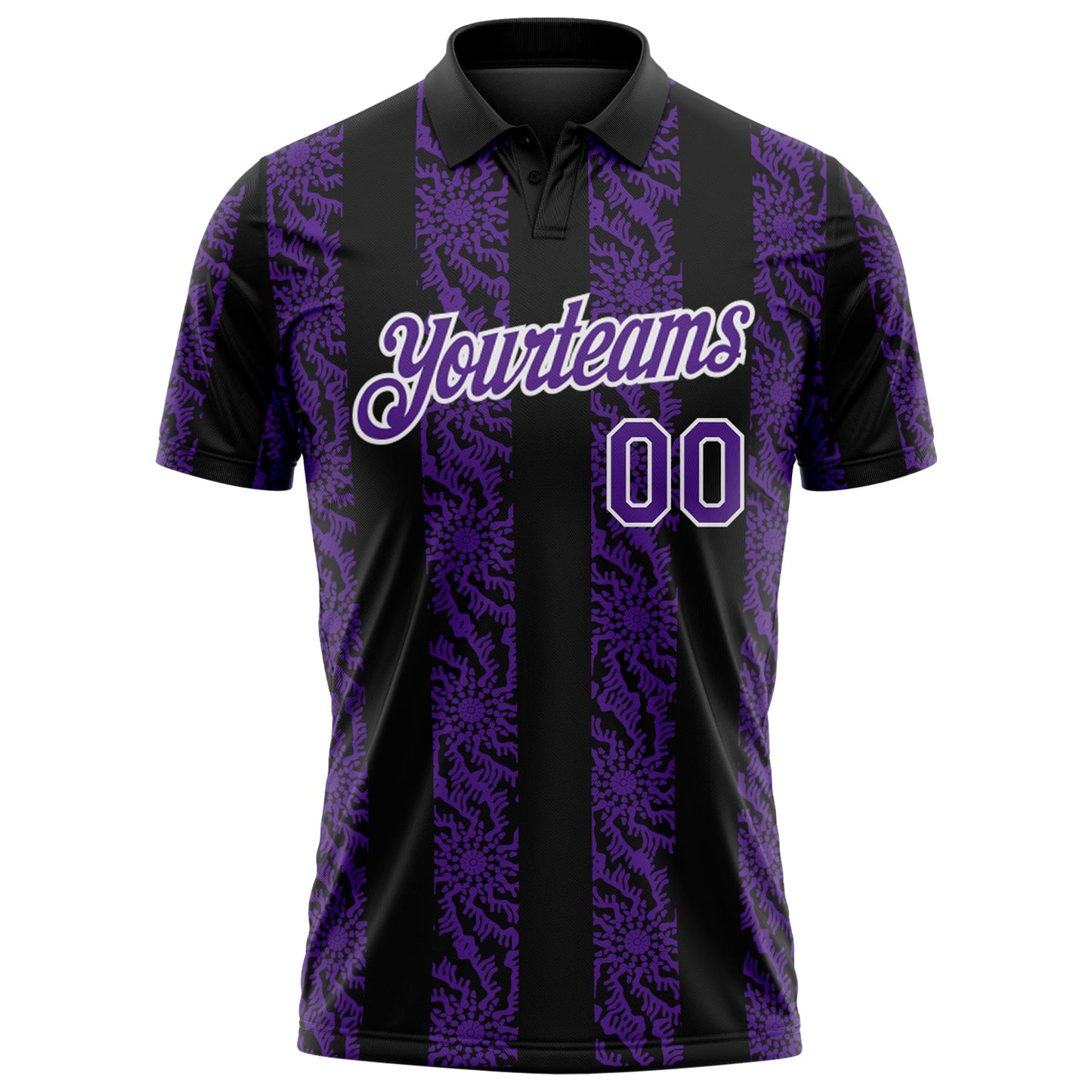 Custom Black Purple-White Abstract Floral Stripe Tribal Performance Polo Shirt view 2