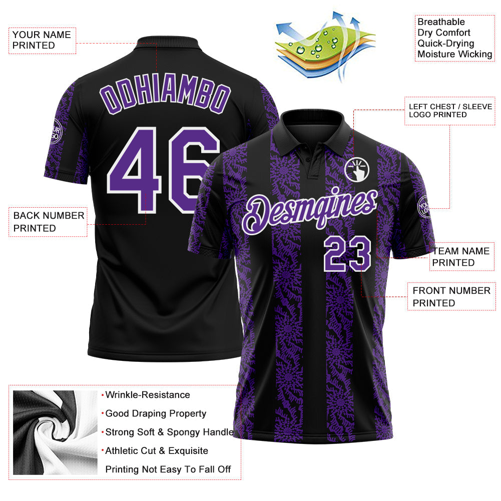 Custom Black Purple-White Abstract Floral Stripe Tribal Performance Polo Shirt view 3