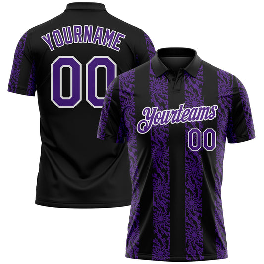 Custom Black Purple-White Abstract Floral Stripe Tribal Performance Polo Shirt - Main View