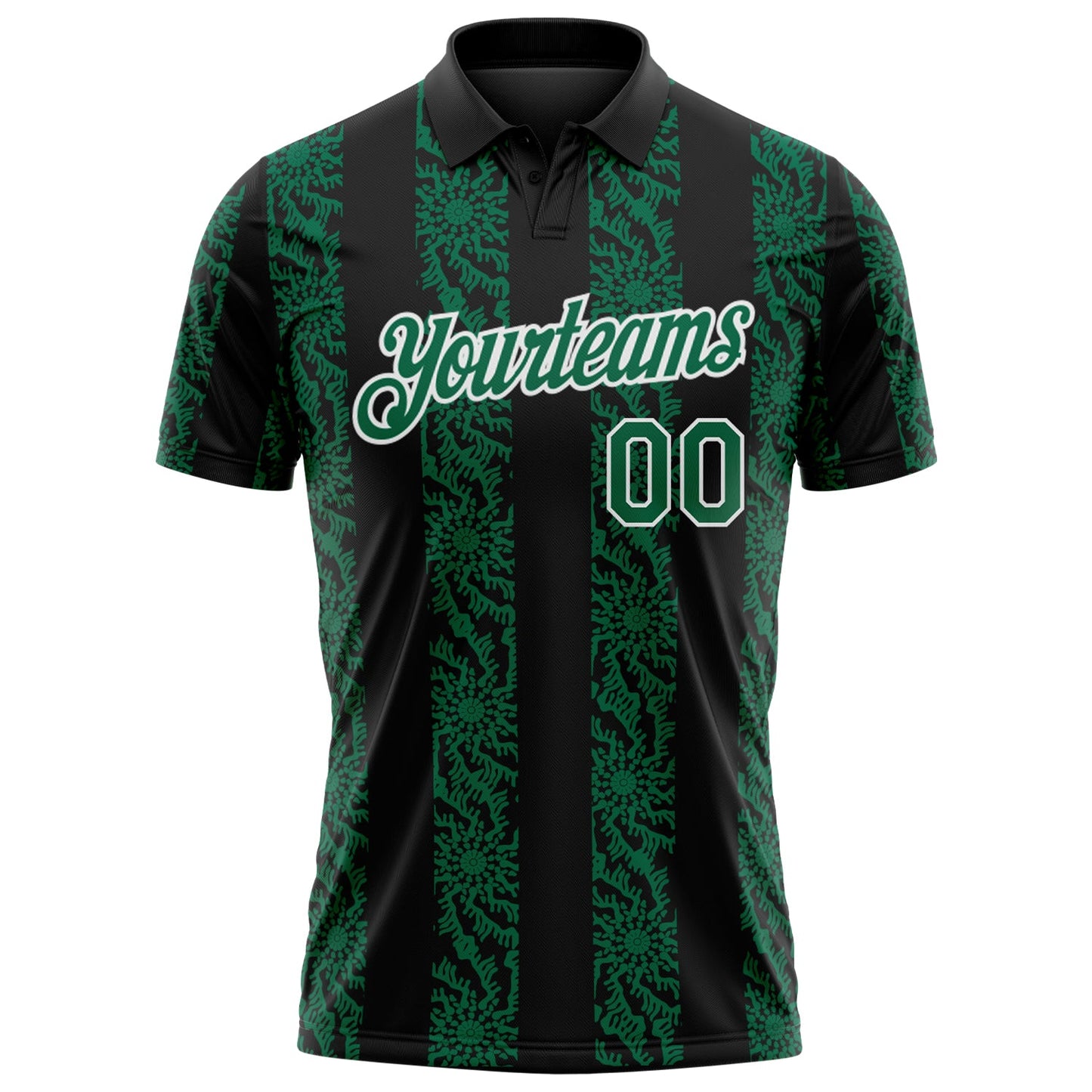 Custom Black Kelly Green-White Abstract Floral Stripe Tribal Performance Polo Shirt view 2