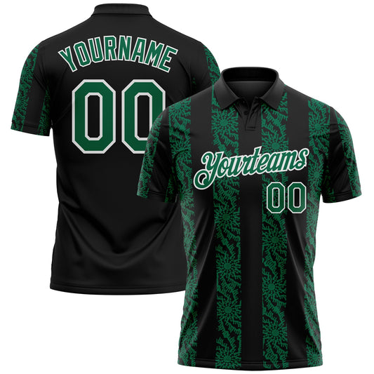 Custom Black Kelly Green-White Abstract Floral Stripe Tribal Performance Polo Shirt - Main View