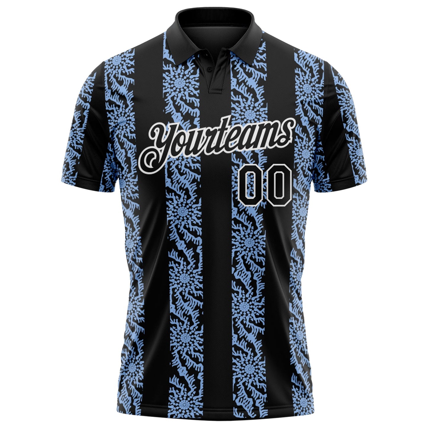 Custom Black Light Blue-White Abstract Floral Stripe Tribal Performance Polo Shirt view 2