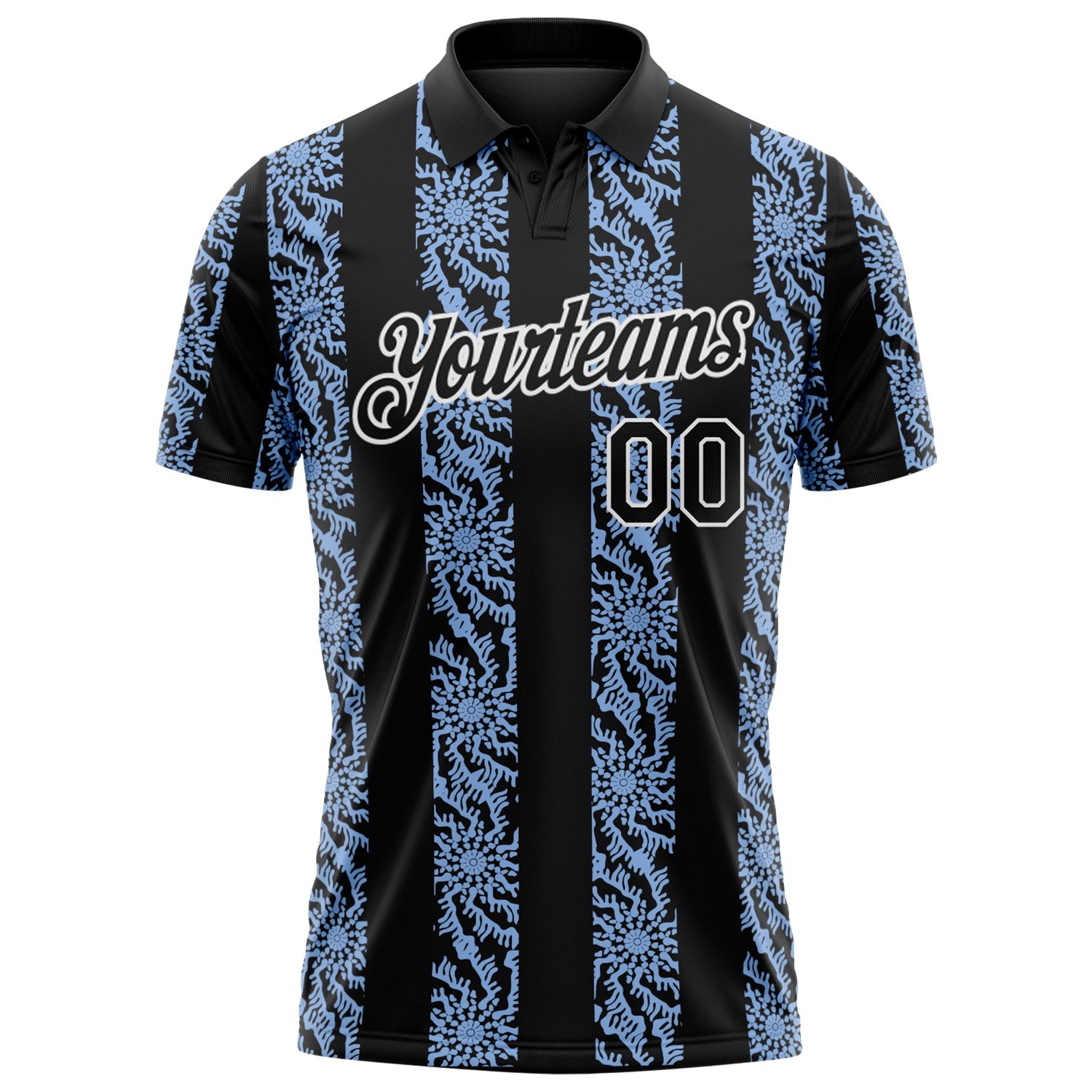 Custom Black Light Blue-White Abstract Floral Stripe Tribal Performance Polo Shirt view 2