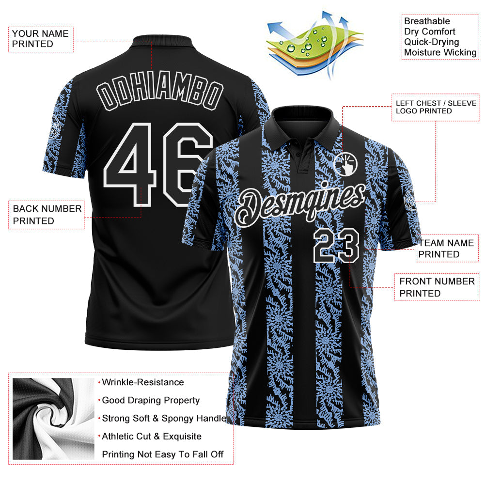 Custom Black Light Blue-White Abstract Floral Stripe Tribal Performance Polo Shirt view 3