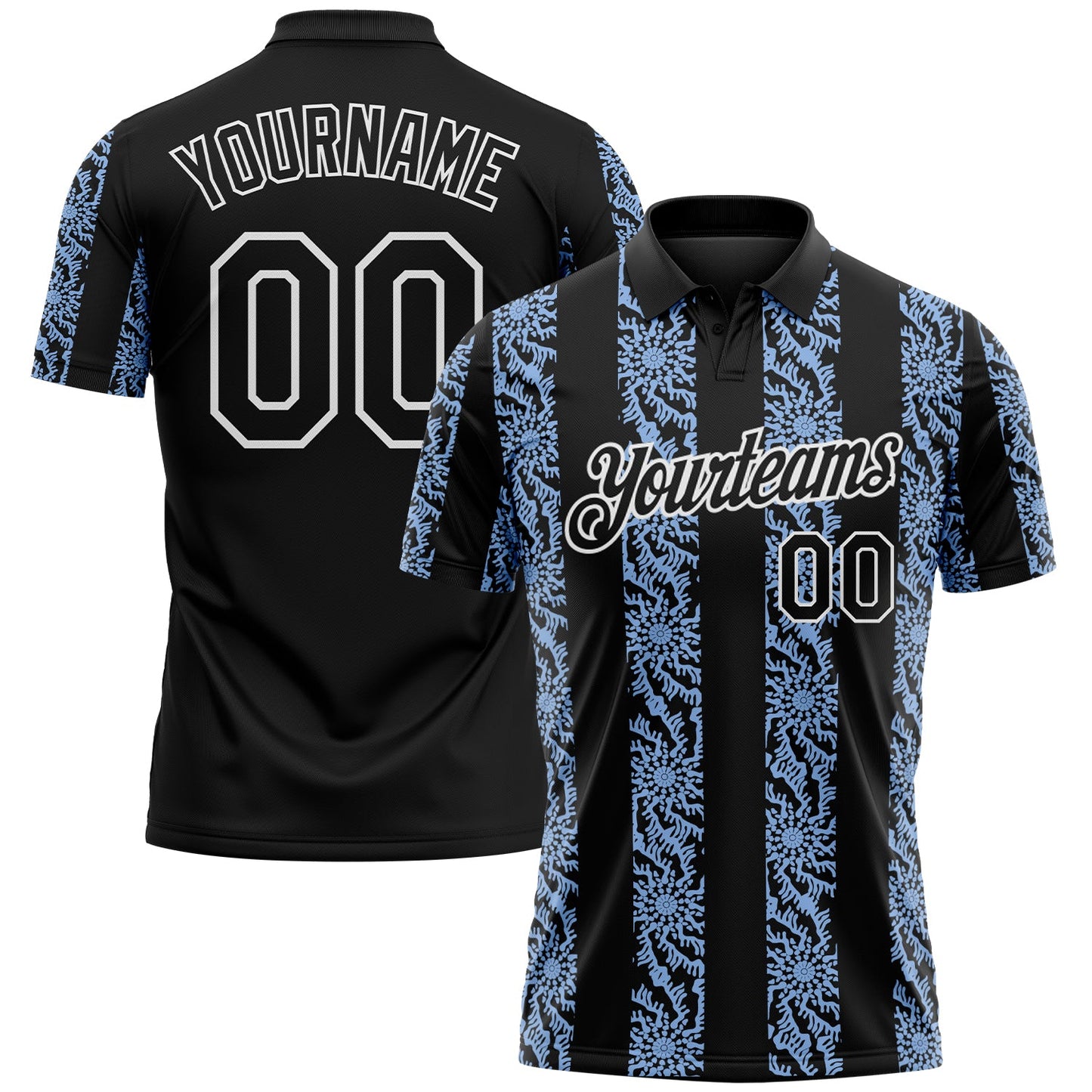 Custom Black Light Blue-White Abstract Floral Stripe Tribal Performance Polo Shirt - Main View