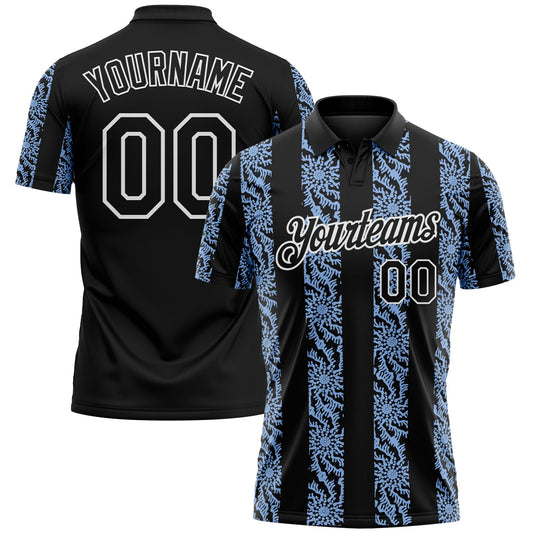 Custom Black Light Blue-White Abstract Floral Stripe Tribal Performance Polo Shirt - Main View
