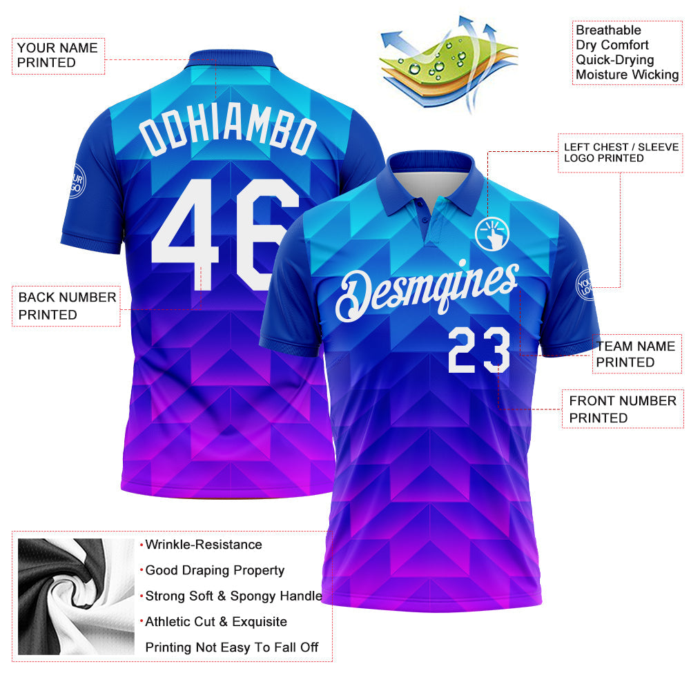 Custom Blue White Pink-Royal Gradient Geometric Shape Performance Polo Shirt view 3