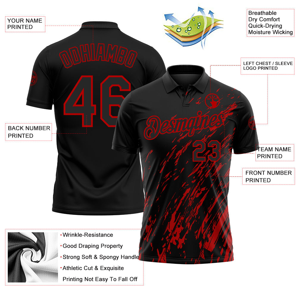 Custom Black-Red Paint Stroke Grunge Streak Performance Polo Shirt view 3