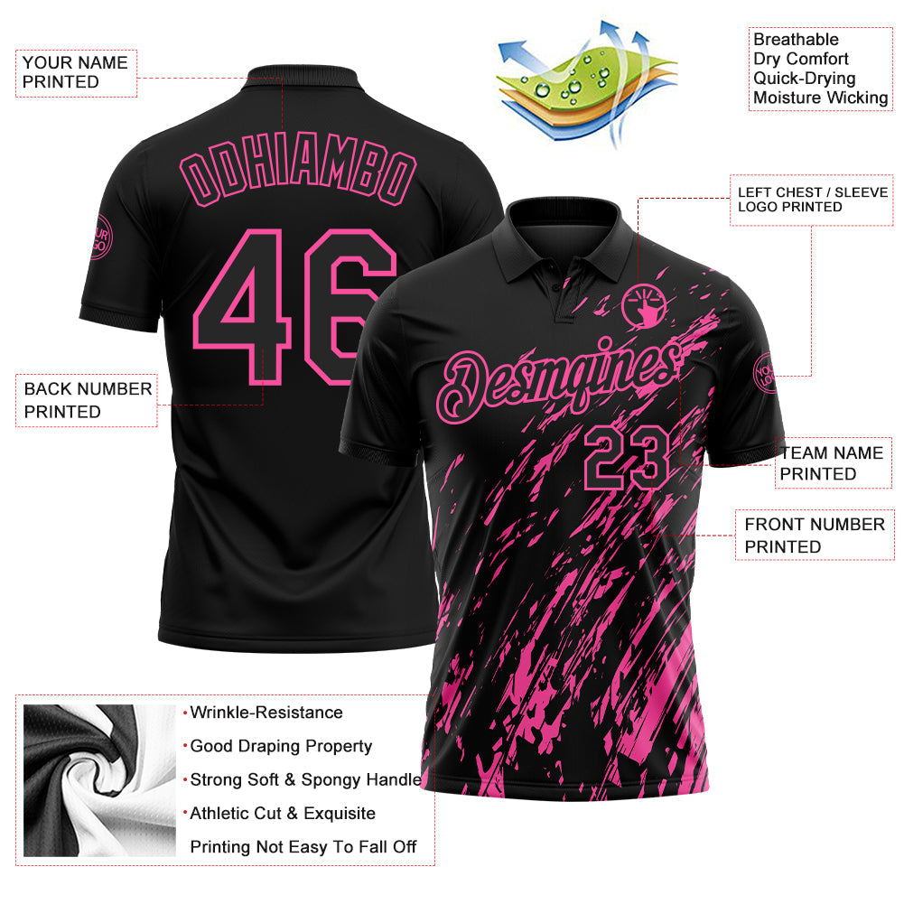 Custom Black-Pink Paint Stroke Grunge Streak Performance Polo Shirt view 3