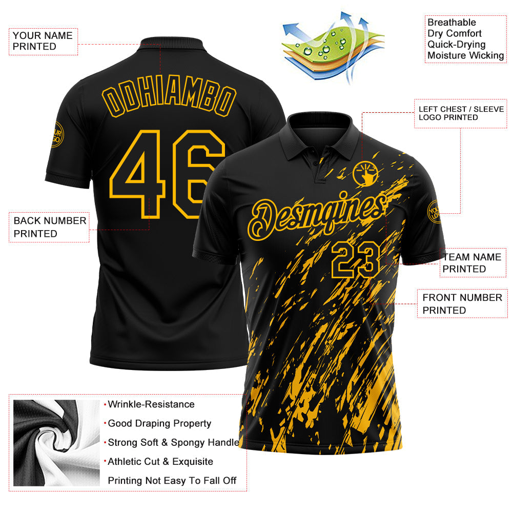 Custom Black-Gold Paint Stroke Grunge Streak Performance Polo Shirt view 3