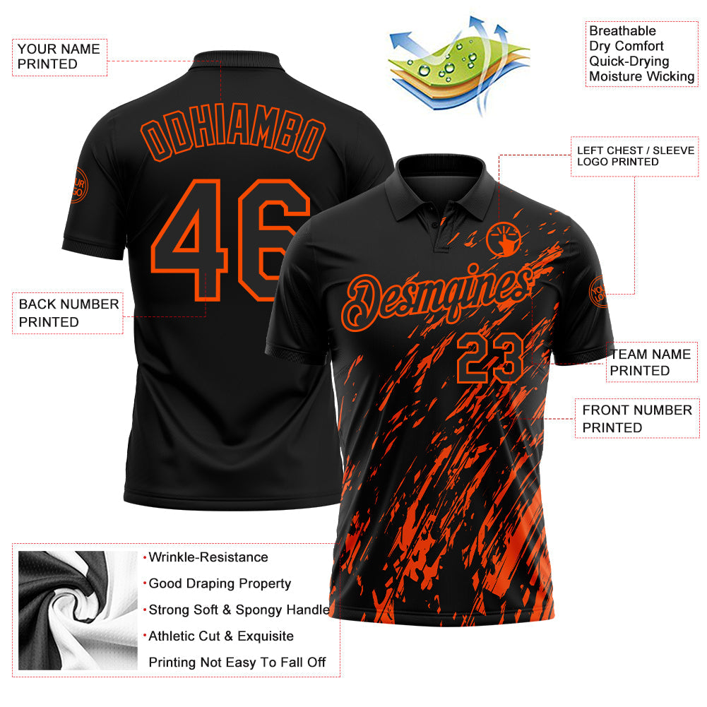 Custom Black-Orange Paint Stroke Grunge Streak Performance Polo Shirt view 3