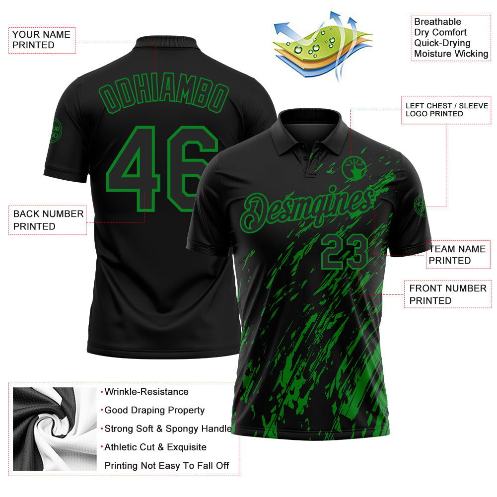 Custom Black-Grass Green Paint Stroke Grunge Streak Performance Polo Shirt view 3