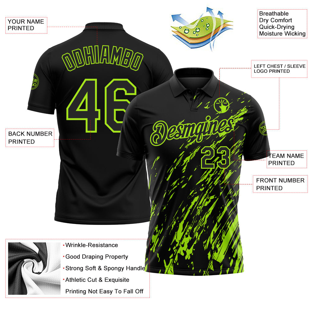 Custom Black-Neon Green Paint Stroke Grunge Streak Performance Polo Shirt view 3