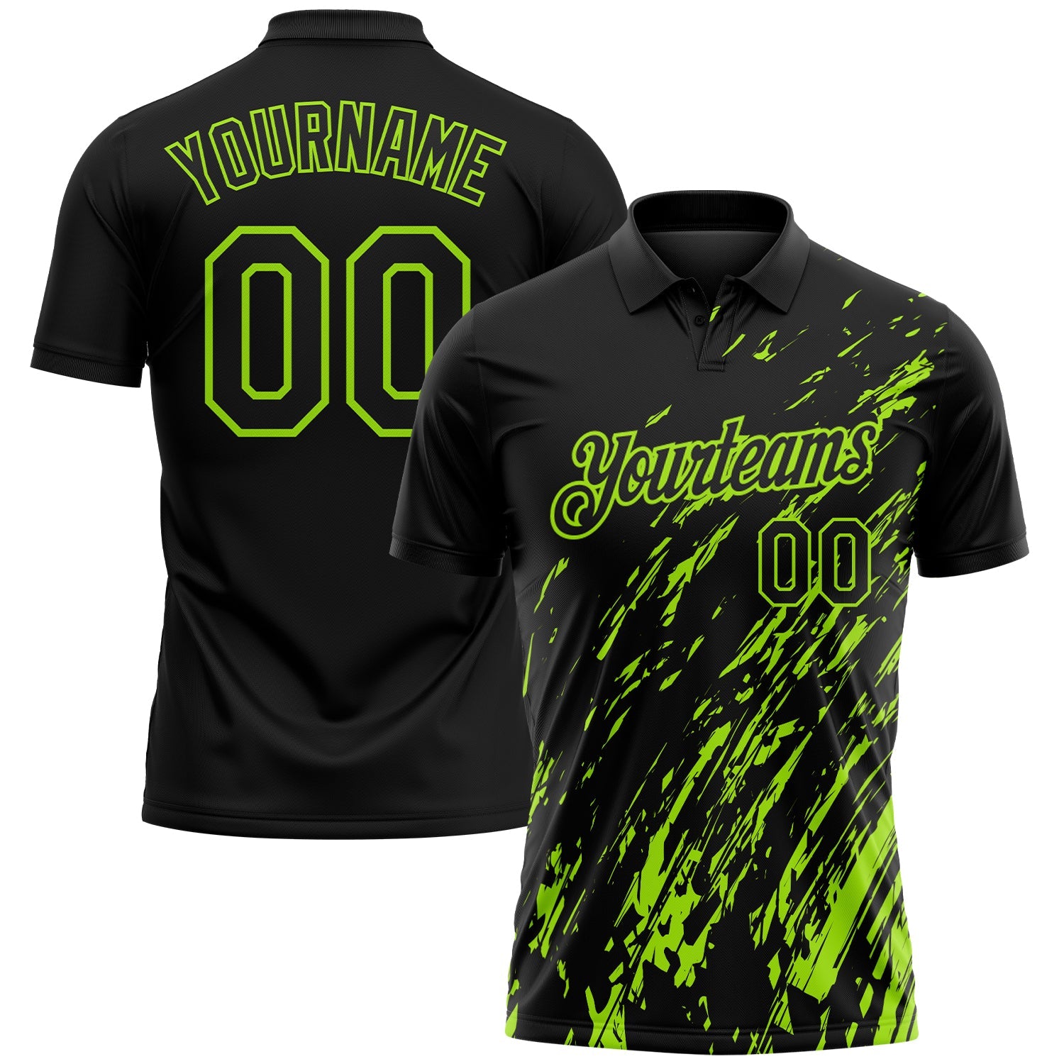 Custom Black-Neon Green Paint Stroke Grunge Streak Performance Polo Shirt - Main View