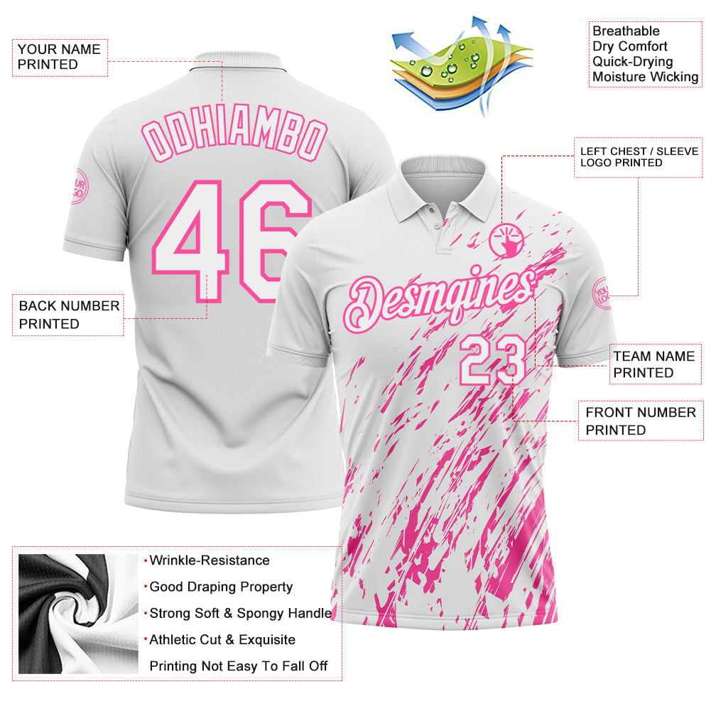 Custom White-Pink Paint Stroke Grunge Streak Performance Polo Shirt view 3
