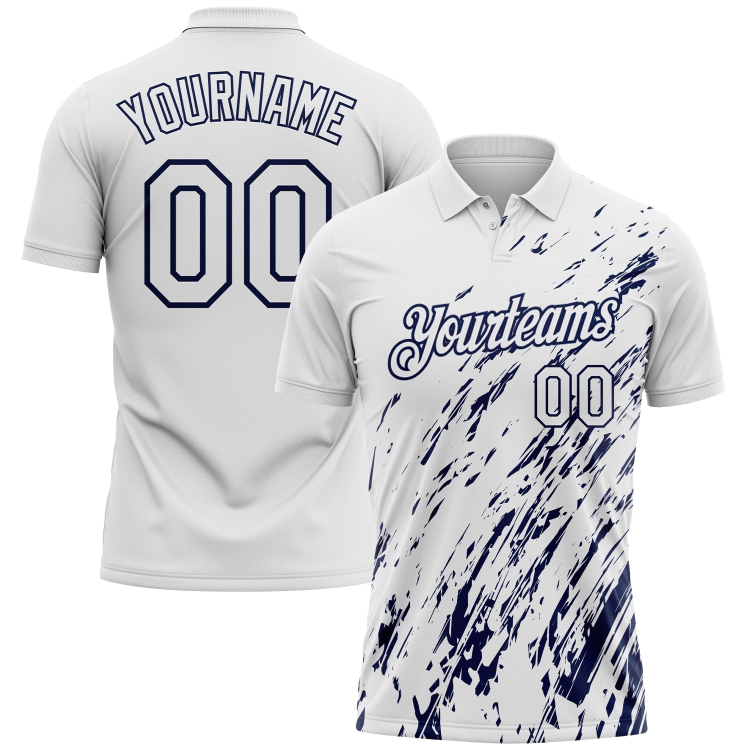 Custom White-Navy Paint Stroke Grunge Streak Performance Polo Shirt - Main View