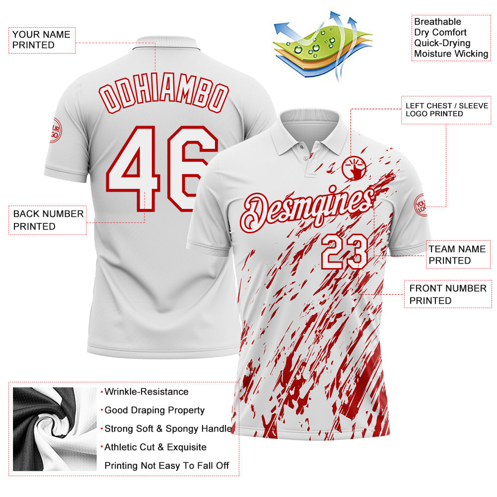 Custom White-Red Paint Stroke Grunge Streak Performance Polo Shirt view 3