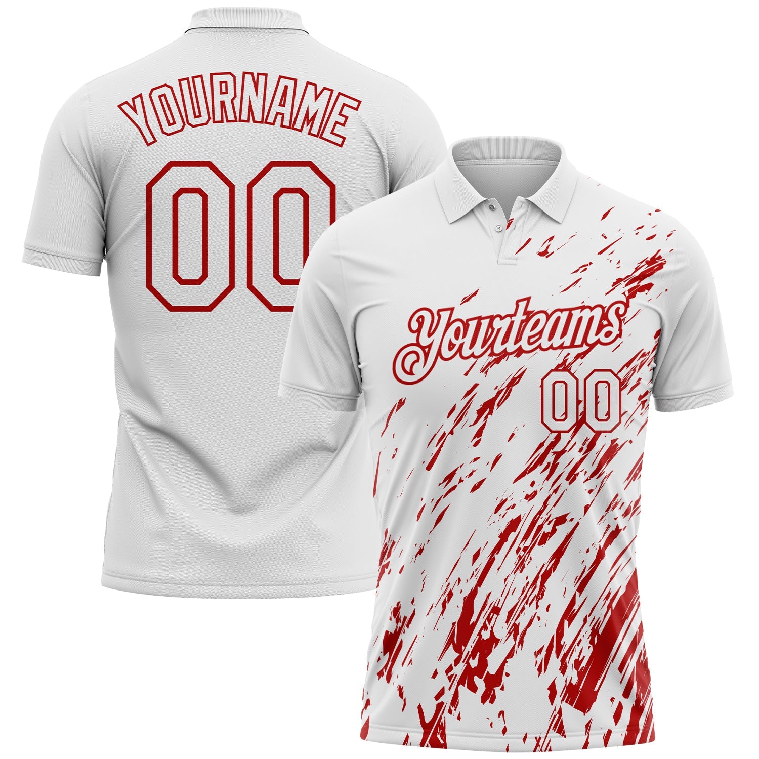 Custom White-Red Paint Stroke Grunge Streak Performance Polo Shirt - Main View