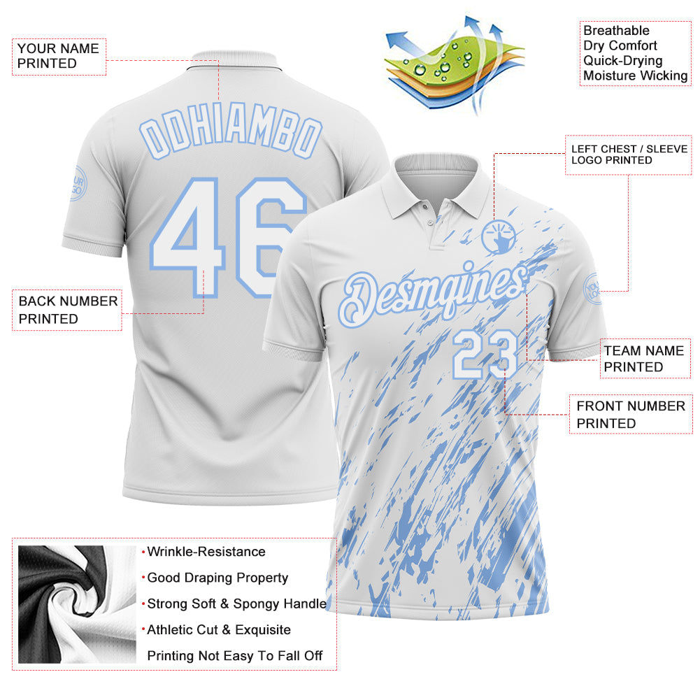Custom White-Light Blue Paint Stroke Grunge Streak Performance Polo Shirt view 3