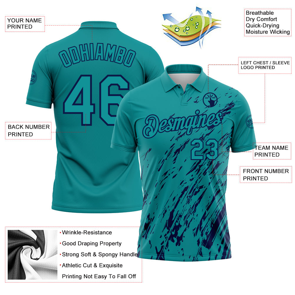 Custom Teal-Navy Paint Stroke Grunge Streak Performance Polo Shirt view 3