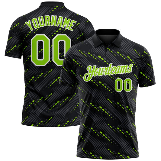 Custom Black Neon Green-White Slant Lines Cyber Mecha Tech Performance Polo Shirt - Main View