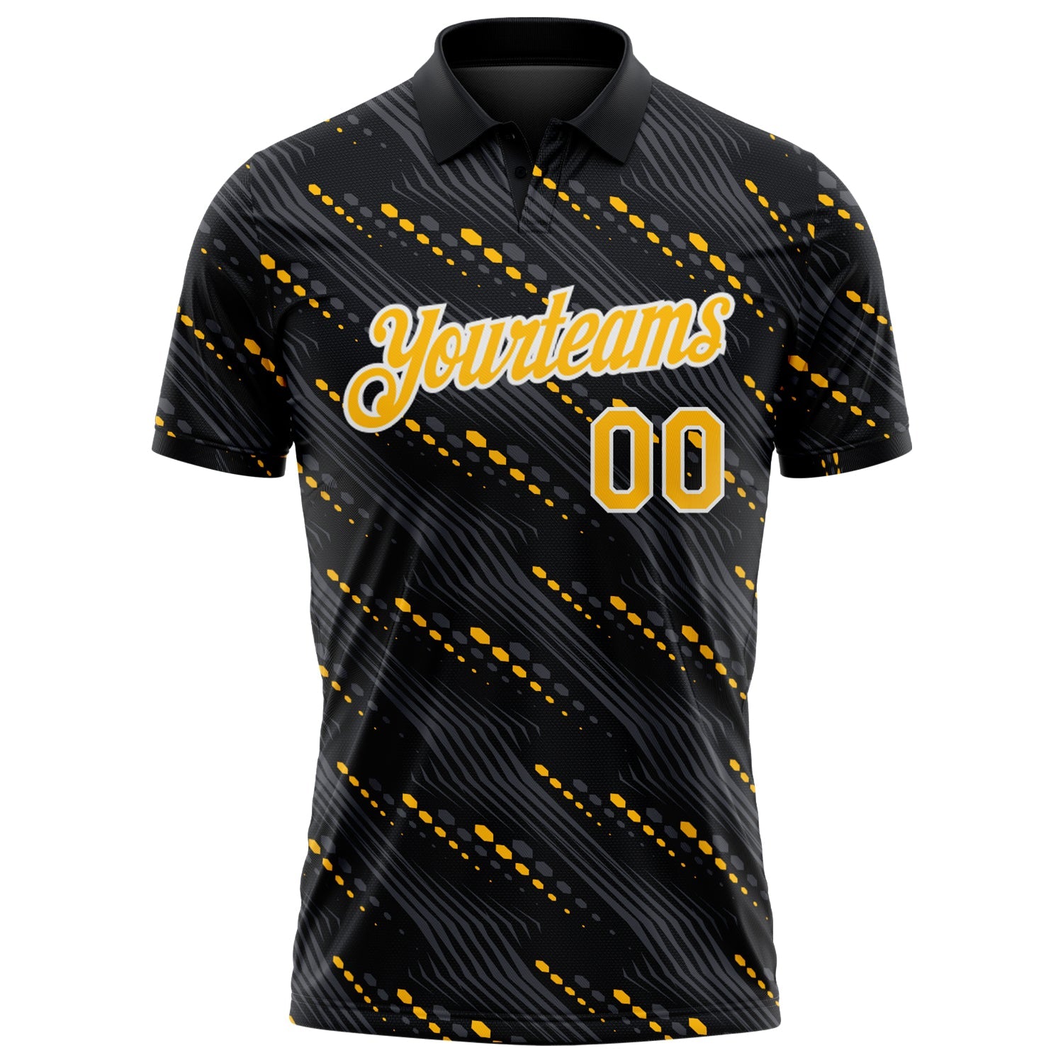 Custom Black Gold-White Slant Lines Cyber Mecha Tech Performance Polo Shirt view 2