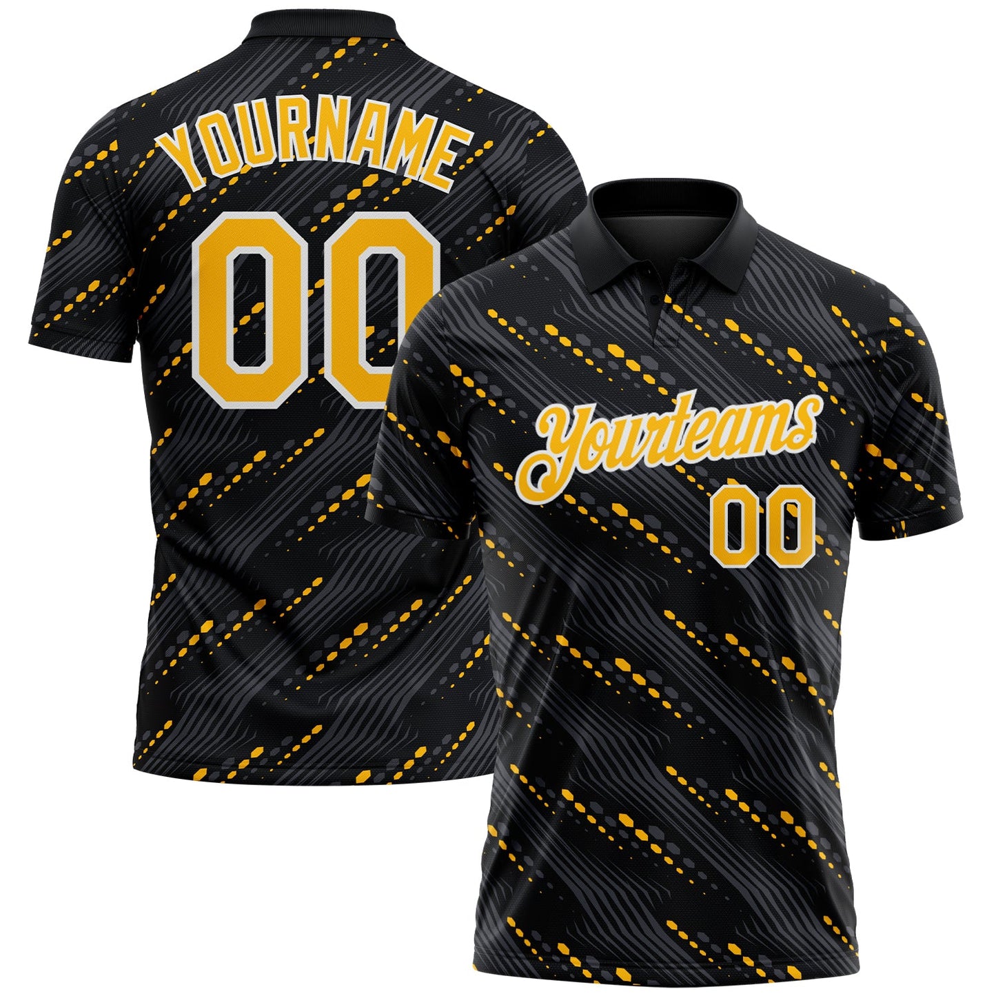 Custom Black Gold-White Slant Lines Cyber Mecha Tech Performance Polo Shirt - Main View