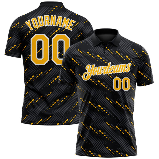 Custom Black Gold-White Slant Lines Cyber Mecha Tech Performance Polo Shirt - Main View