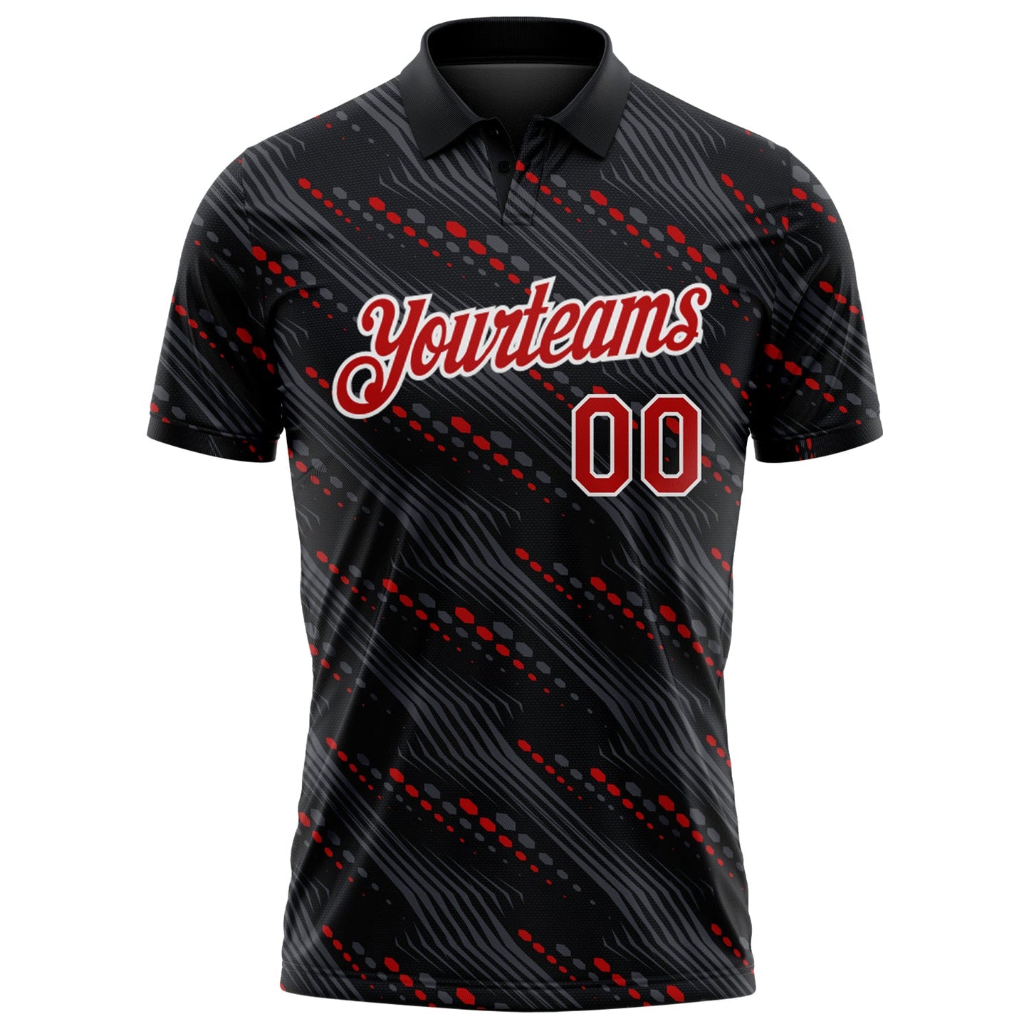 Custom Black Red-White Slant Lines Cyber Mecha Tech Performance Polo Shirt view 2