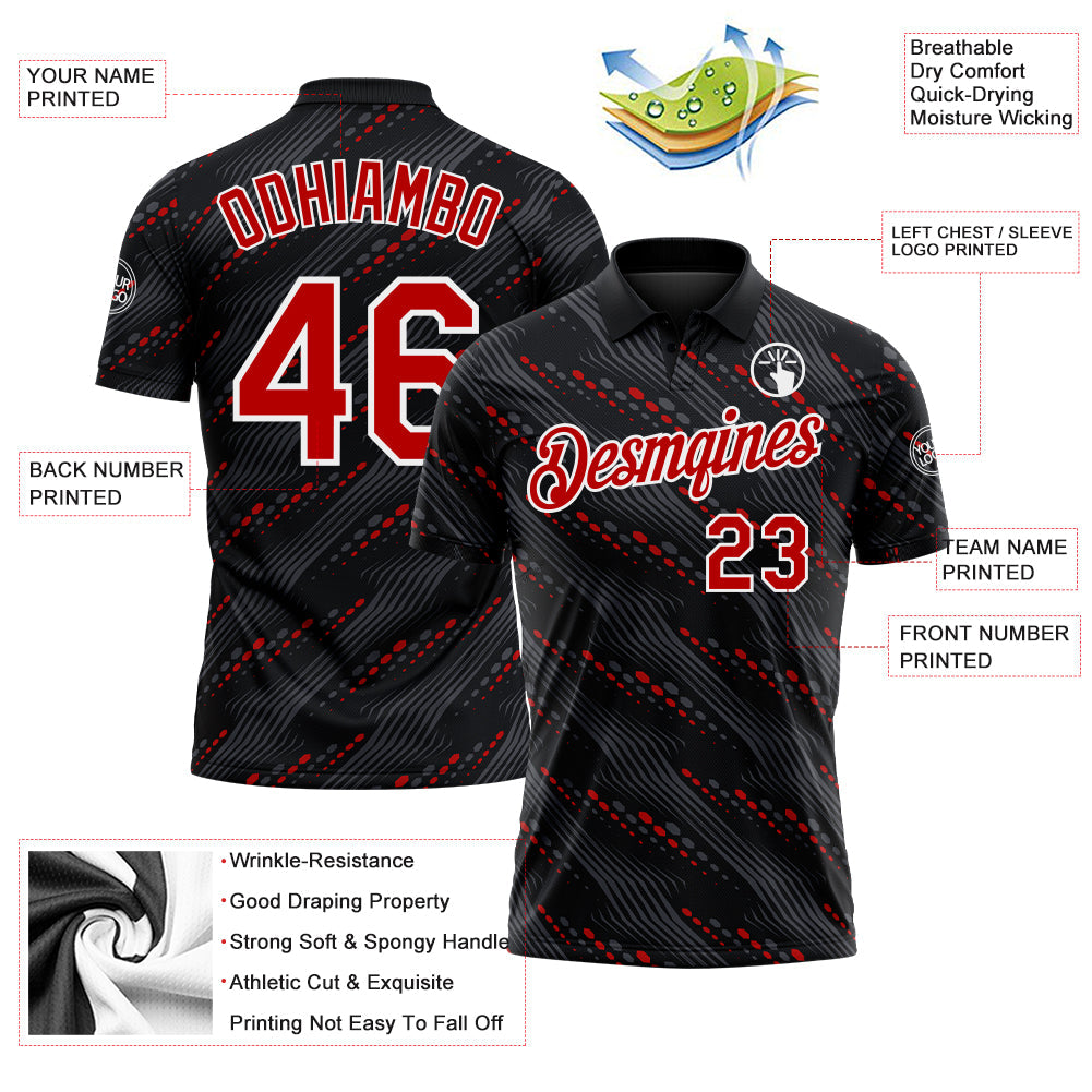 Custom Black Red-White Slant Lines Cyber Mecha Tech Performance Polo Shirt view 3