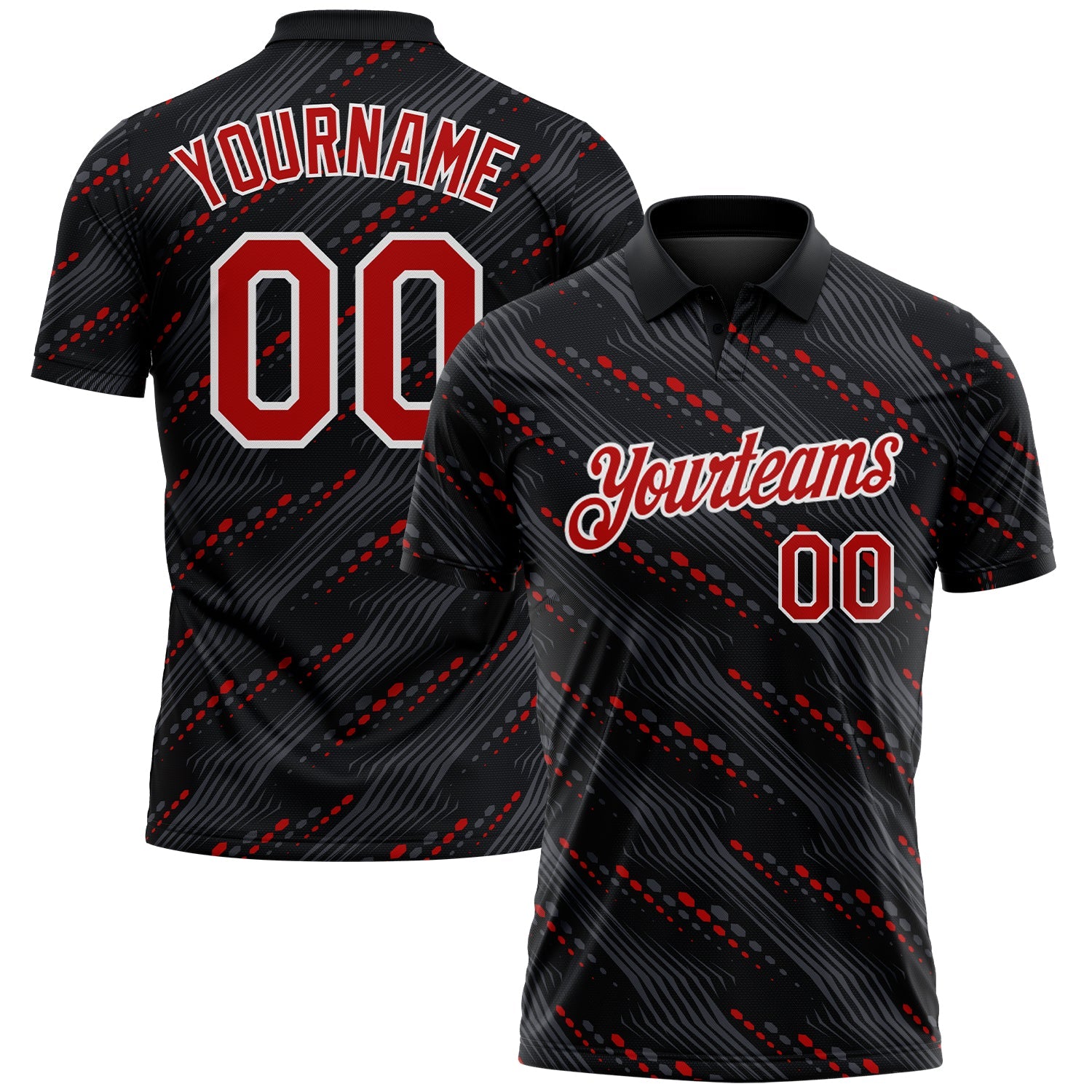 Custom Black Red-White Slant Lines Cyber Mecha Tech Performance Polo Shirt - Main View