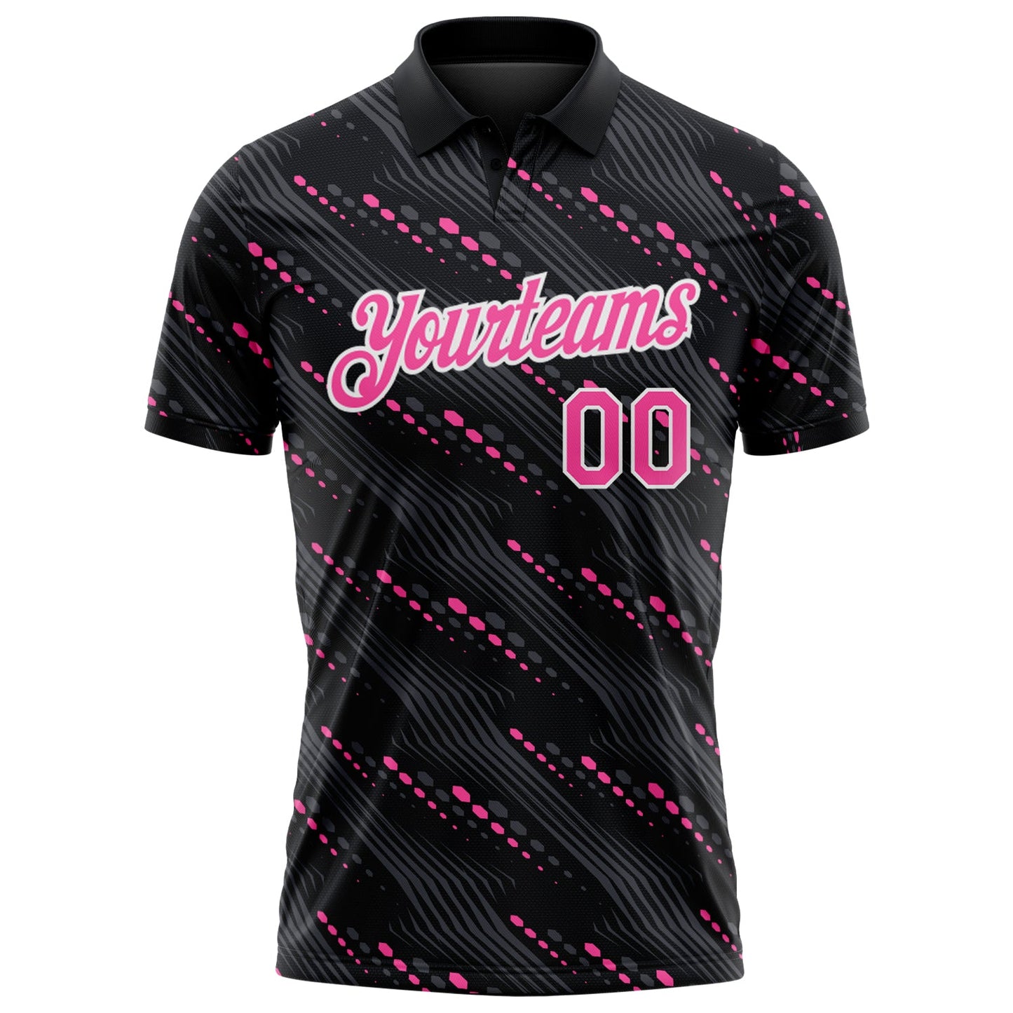Custom Black Pink-White Slant Lines Cyber Mecha Tech Performance Polo Shirt view 2
