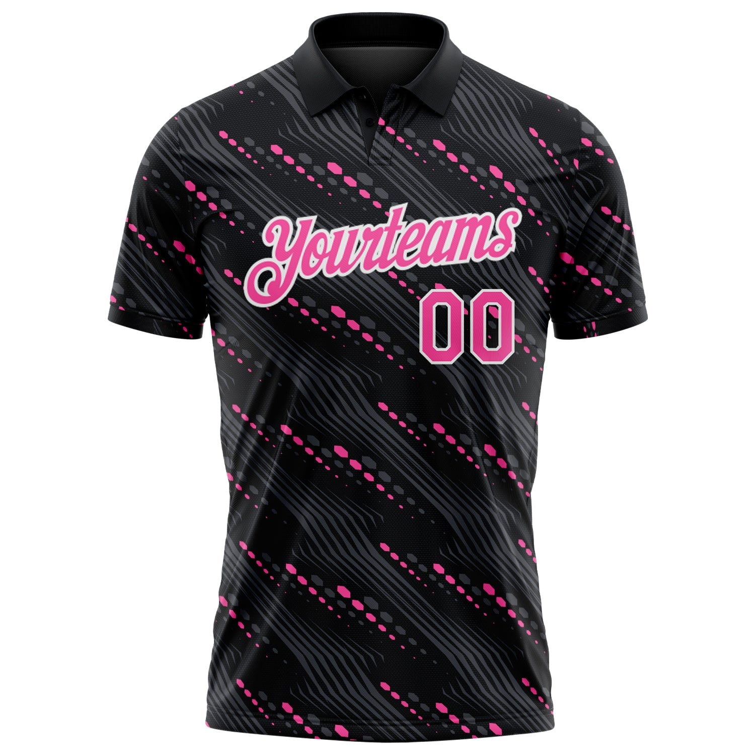 Custom Black Pink-White Slant Lines Cyber Mecha Tech Performance Polo Shirt view 2