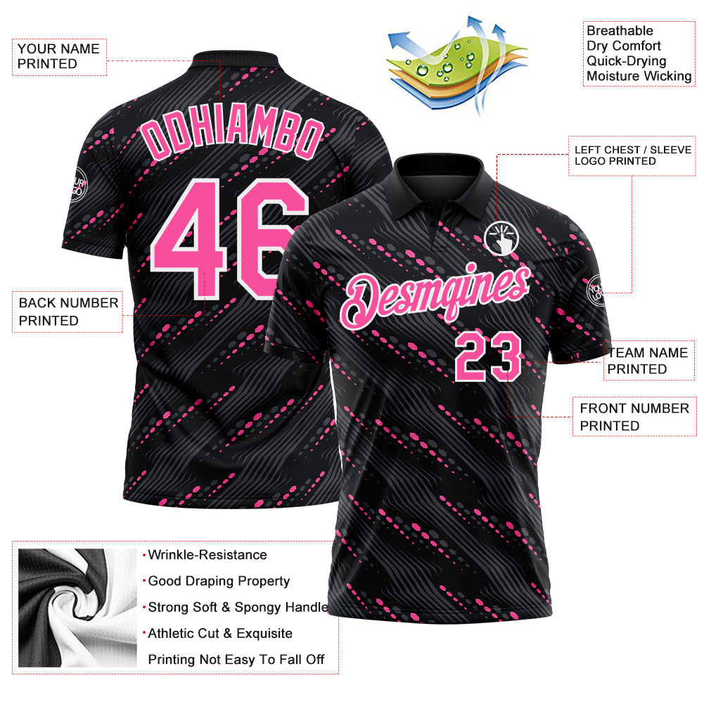 Custom Black Pink-White Slant Lines Cyber Mecha Tech Performance Polo Shirt view 3