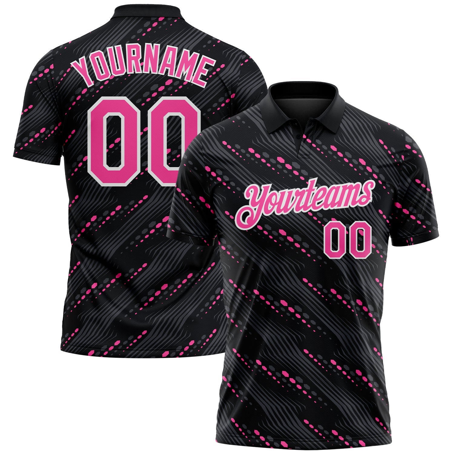 Custom Black Pink-White Slant Lines Cyber Mecha Tech Performance Polo Shirt - Main View