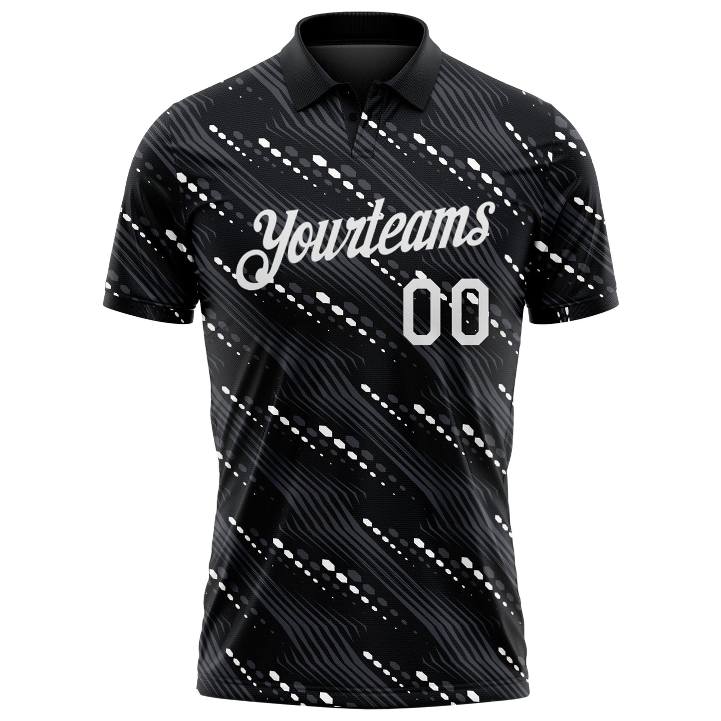 Custom Black-White Slant Lines Cyber Mecha Tech Performance Polo Shirt view 2