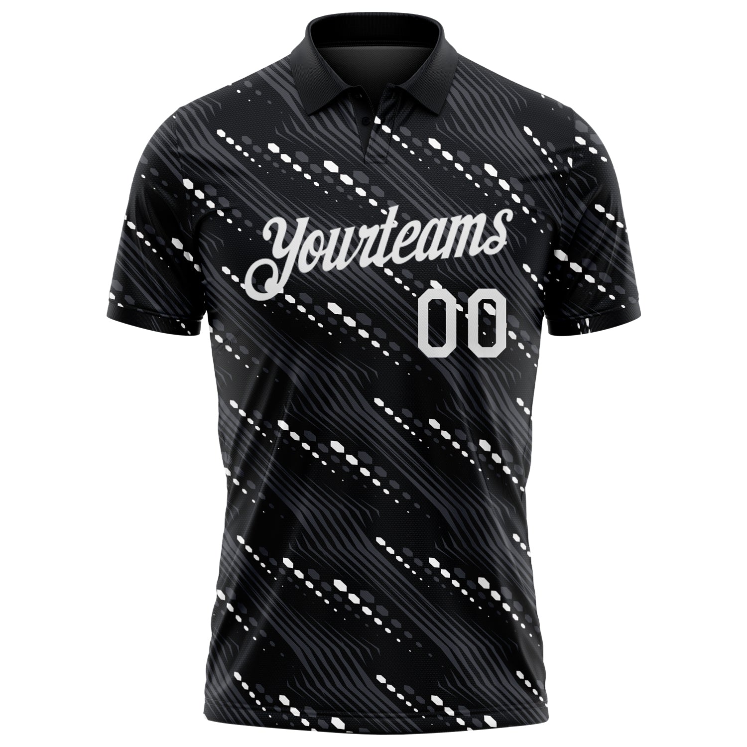 Custom Black-White Slant Lines Cyber Mecha Tech Performance Polo Shirt view 2