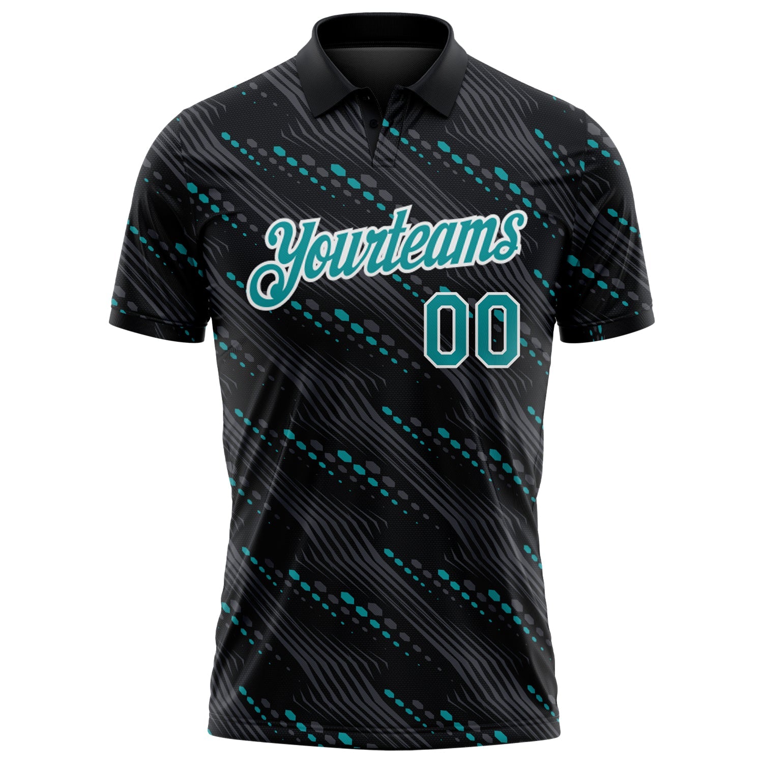 Custom Black Teal-White Slant Lines Cyber Mecha Tech Performance Polo Shirt view 2