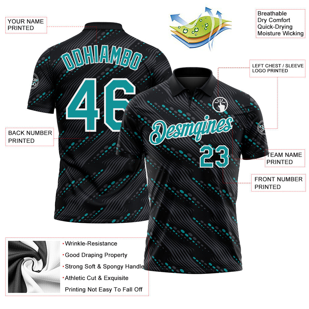 Custom Black Teal-White Slant Lines Cyber Mecha Tech Performance Polo Shirt view 3