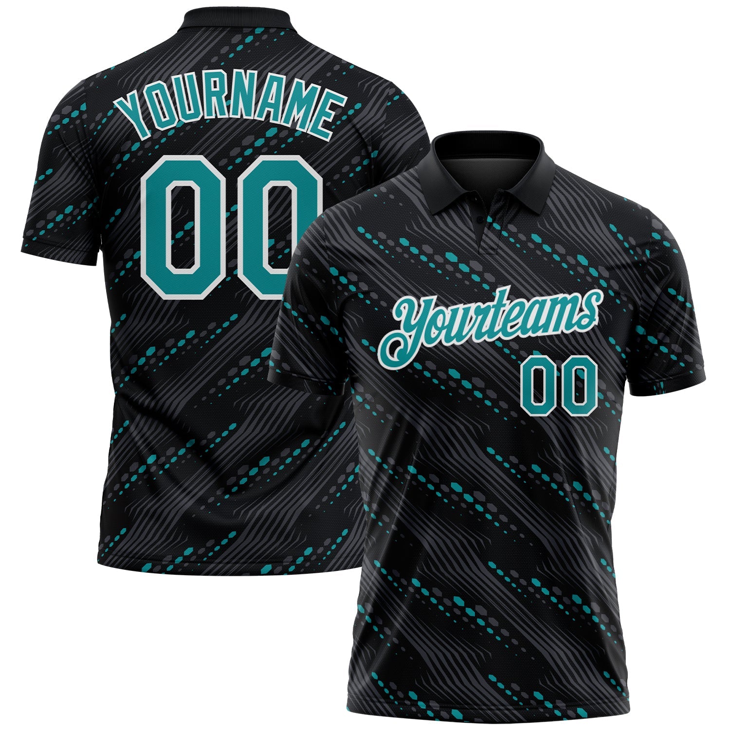 Custom Black Teal-White Slant Lines Cyber Mecha Tech Performance Polo Shirt - Main View