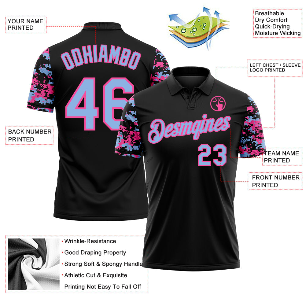 Custom Black Light Blue-Pink Digital Camo Two Tone Performance Polo Shirt view 3
