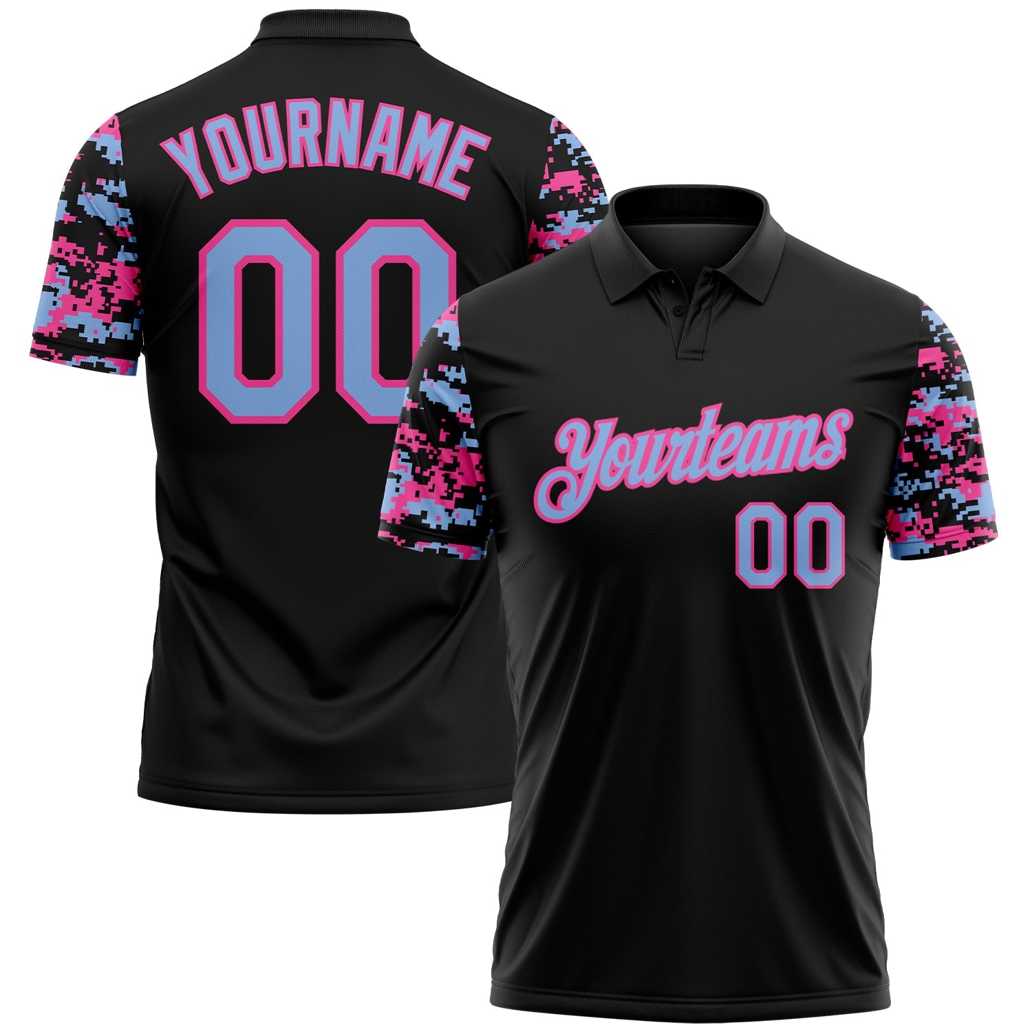 Custom Black Light Blue-Pink Digital Camo Two Tone Performance Polo Shirt - Main View