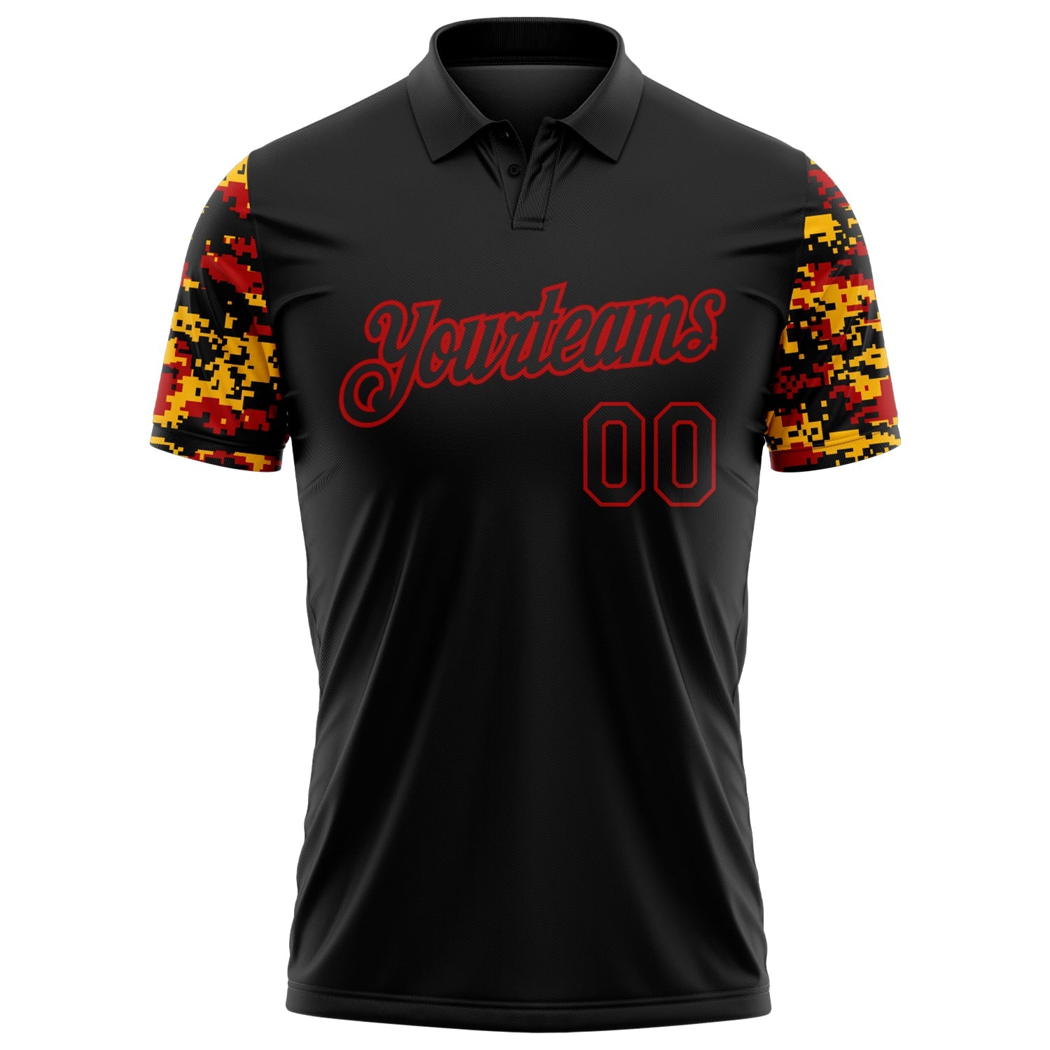 Custom Black Red-Gold Digital Camo Two Tone Performance Polo Shirt view 2
