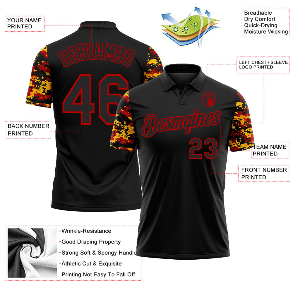 Custom Black Red-Gold Digital Camo Two Tone Performance Polo Shirt view 3