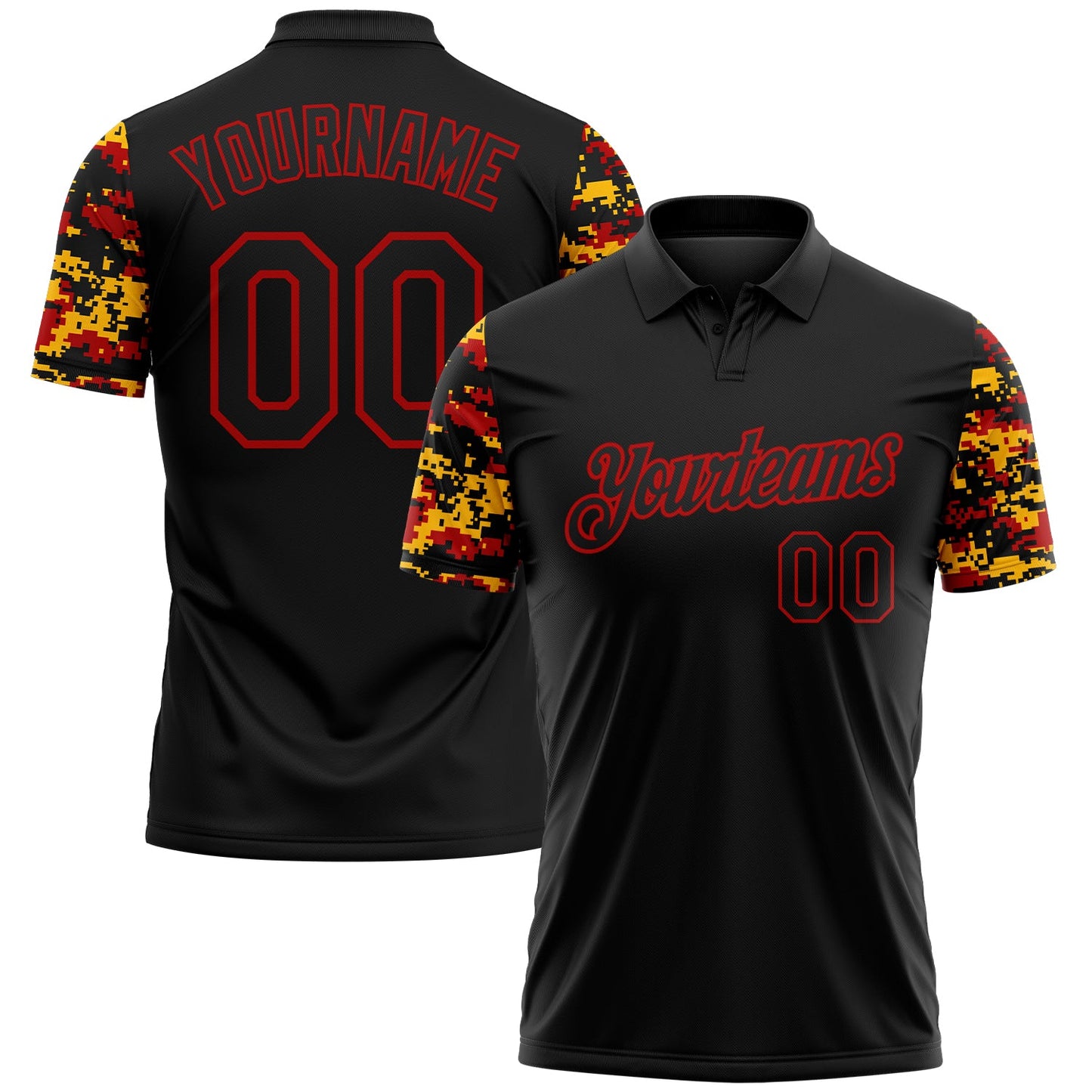 Custom Black Red-Gold Digital Camo Two Tone Performance Polo Shirt - Main View