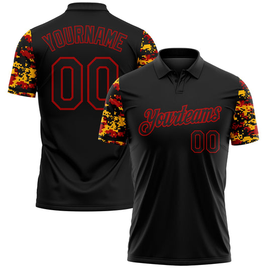 Custom Black Red-Gold Digital Camo Two Tone Performance Polo Shirt - Main View